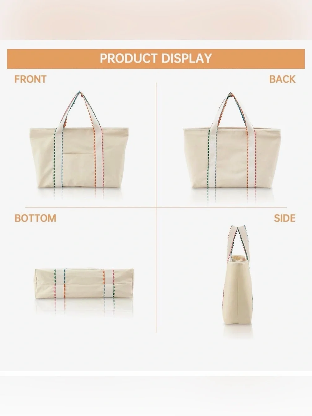 NWT- Cream Canvas Tote Bag with Rainbow Rick Rack Trim- Large